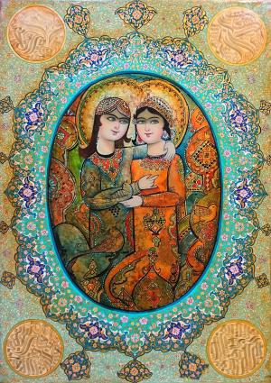 نقاشی رنگ روغن لیلی و مجنون روی بوم ورق طلا از عبدالله رحیمی